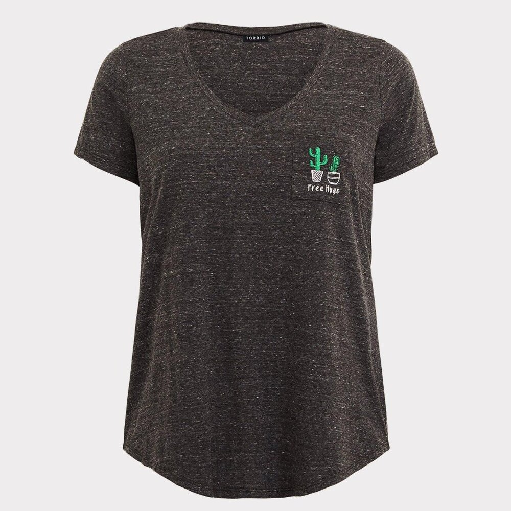 Torrid Dark Grey Cactus Embroidered Pocket Classic Fit Tee